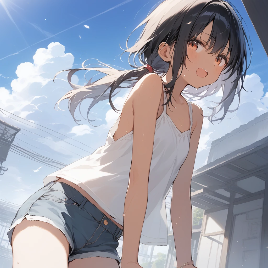 score_9, score_8_up, score_7_up, source_anime, best quality, masterpiece, official art, absurdres, highres, ultra-detailed,waifu2x,Collection: Slice of Life,break,1girl, tomboy, dark-skinned female, short hair, low ponytail, flat chest, beautiful detailed eyes, short shorts, sweat, open mouth, (yawn:0.3), sleepily, outdoors, wind, break,(clear line illustration:1.2),very high resolution, very aesthetic, super detailed skin, Best sexual lighting powered by famous artist, 8k,cute picture,beauty illustration,photoshop_(medium),,(Detailed Lighting),best anime 8k konachan wallpaper, pixiv contest winner,