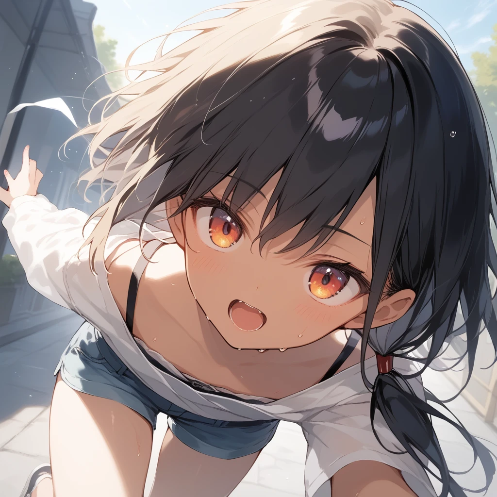 score_9, score_8_up, score_7_up, source_anime, best quality, masterpiece, official art, absurdres, highres, ultra-detailed,waifu2x,Collection: Slice of Life,break,1girl, tomboy, dark-skinned female, short hair, low ponytail, flat chest, beautiful detailed eyes, short shorts, sweat, open mouth, (yawn:0.3), sleepily, outdoors, wind, break,(clear line illustration:1.2),very high resolution, very aesthetic, super detailed skin, Best sexual lighting powered by famous artist, 8k,cute picture,beauty illustration,photoshop_(medium),,(Detailed Lighting),best anime 8k konachan wallpaper, pixiv contest winner,
