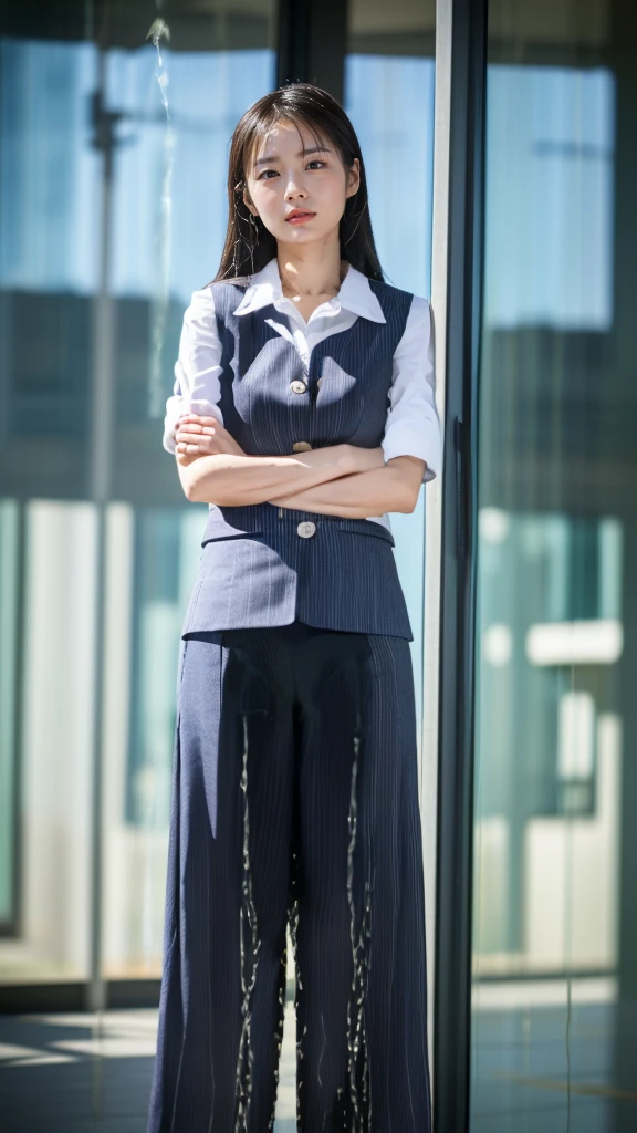 (masutepiece,High quality,16k:1.1),(depth of fields:1.3) ,((front body:1.35)),Japanese ,Woman, ((business suit, black vertical striped pencil skirt )), (Looking at Viewer:1.3),,(Beautiful Morning view of town:1.2),wetting her clothes(peeing self,urination:1.4) (desperation:1.75),(wetting herself:1.5),(arms crossed:1.5)