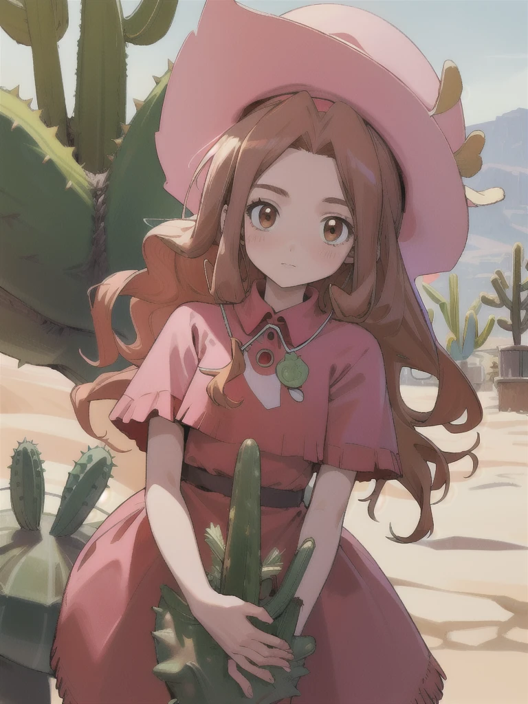 Best quality, masterpiece, high resolution, details, , digimon, mimidigi, outdoors, parted bangs, red dress, cowboy western, lively, parted bangs, long hair, brown hair, pink hat, curly hair, desert, cactus,