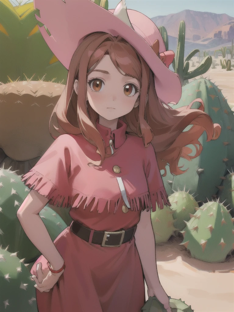 Best quality, masterpiece, high resolution, details, , digimon, mimidigi, outdoors, parted bangs, red dress, cowboy western, lively, parted bangs, long hair, brown hair, pink hat, curly hair, desert, cactus,