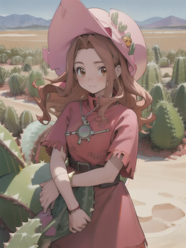 Best quality, masterpiece, high resolution, details, , digimon, mimidigi, outdoors, parted bangs, red dress, cowboy western, lively, parted bangs, long hair, brown hair, pink hat, curly hair, desert, cactus,