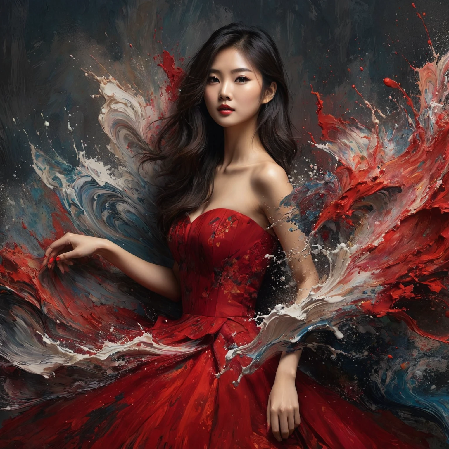 Full body shot of an painting of beautiful asian woman in red princess dress with abstract painting splash, best dynamic pose, gaze at the camera, dark background. Artist:{ramdomly selected}. Amazing painting splash distorted, Stunningly beautiful painting, stunning abstract background, Shot on Sony Alpha α7CR full-frame, photorealistic, realistic human, UHD 1536px, high quality photos.