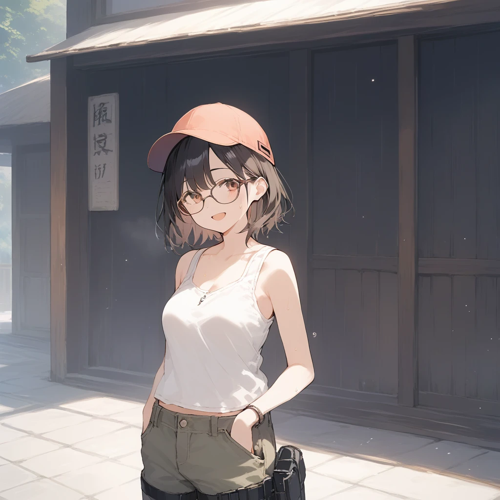 score_9, score_8_up, score_7_up, source_anime, best quality, masterpiece, official art, absurdres, highres, ultra-detailed,waifu2x,Collection: Slice of Life,break,1girl, fantasy world, short hair, glasses, medium breasts, cap, tank top, cargo pants, sweat, open mouth,smile, tool, outdoors, wind, break,(clear line illustration:1.2),very high resolution, very aesthetic, super detailed skin, Best sexual lighting powered by famous artist, 8k,cute picture,beauty illustration,photoshop_(medium),,(Detailed Lighting),best anime 8k konachan wallpaper, pixiv contest winner, 