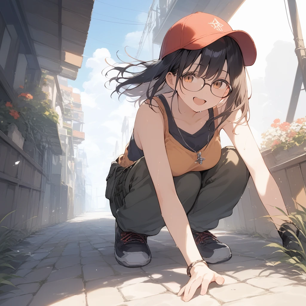 score_9, score_8_up, score_7_up, source_anime, best quality, masterpiece, official art, absurdres, highres, ultra-detailed,waifu2x,Collection: Slice of Life,break,1girl, fantasy world, short hair, glasses, medium breasts, cap, tank top, cargo pants, sweat, open mouth,smile, tool, outdoors, wind, break,(clear line illustration:1.2),very high resolution, very aesthetic, super detailed skin, Best sexual lighting powered by famous artist, 8k,cute picture,beauty illustration,photoshop_(medium),,(Detailed Lighting),best anime 8k konachan wallpaper, pixiv contest winner, 