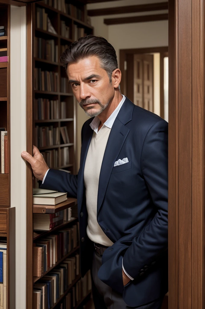 A man looking into the beyond, he is 50 years old, brunette skin, hair combed to the side, medium stubble, wears classic clothes and is a highly successful businessman. Behind there are many books.