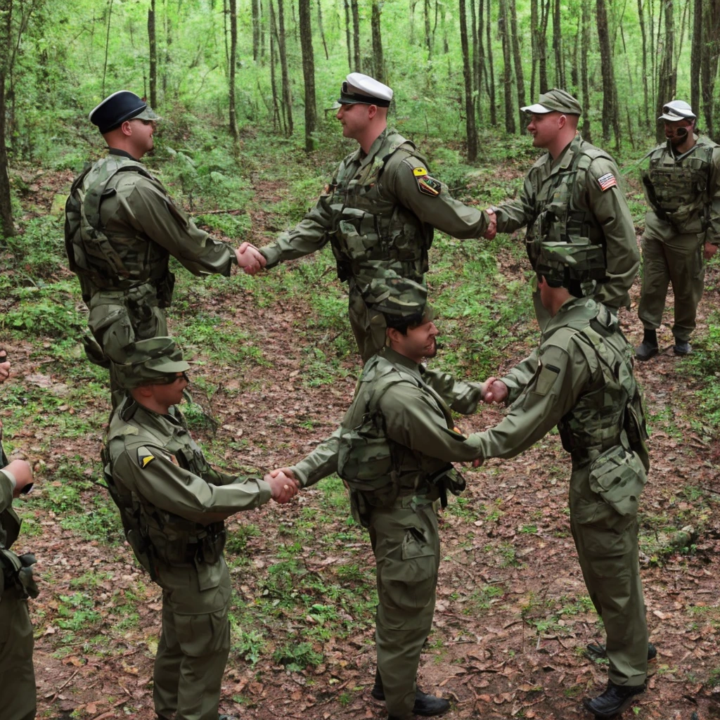 Two white males, wearing 1994 american military uniforms, shaking hands, wearing balaclavas, in a forest, beautiful background
