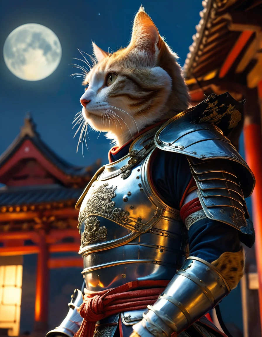 Anthropomorphic Cat in full samurai armour, photorealistic, standing in front of a temple, in the moonlight, view from below looking up