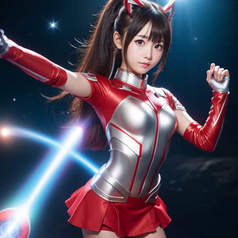 18 year old japanese girl、Ultraman、Red costume、Red and Silver、Bust Emphasis、Wearing a miniskirt、Facing forward、universe space、quarry、Girlfriend feeling、idol、Bonytail、Very detailed