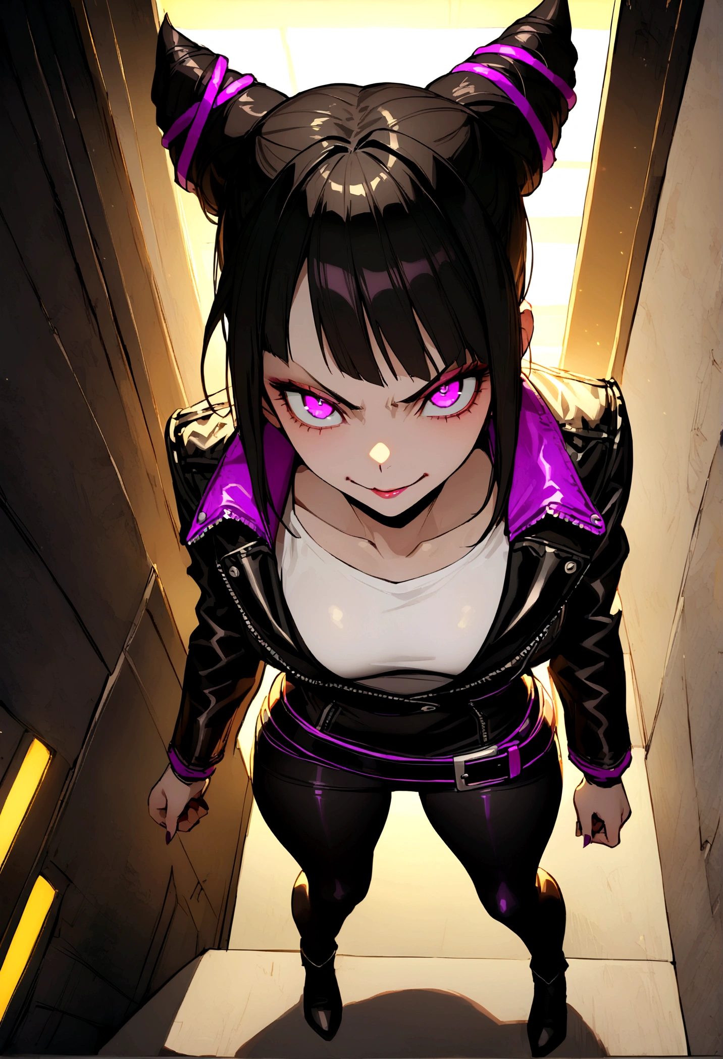 juri han,beautiful young warrior , with a very detailed and beautiful face, beautifuleyes, beautifuleyes, gorgeous face, glowing purple eyes,beautiful young woman wearing long black leggings with black details, usando leather jacket preta, Standing in an office, wearing black boots, horn hair, with black fringe, , evil smile ,white sweater with strap around, serious look,usando leather jacket preto, leather jacket,staring overhead,yellow lighting, evil smile,leggings,standing with your back to the viewer