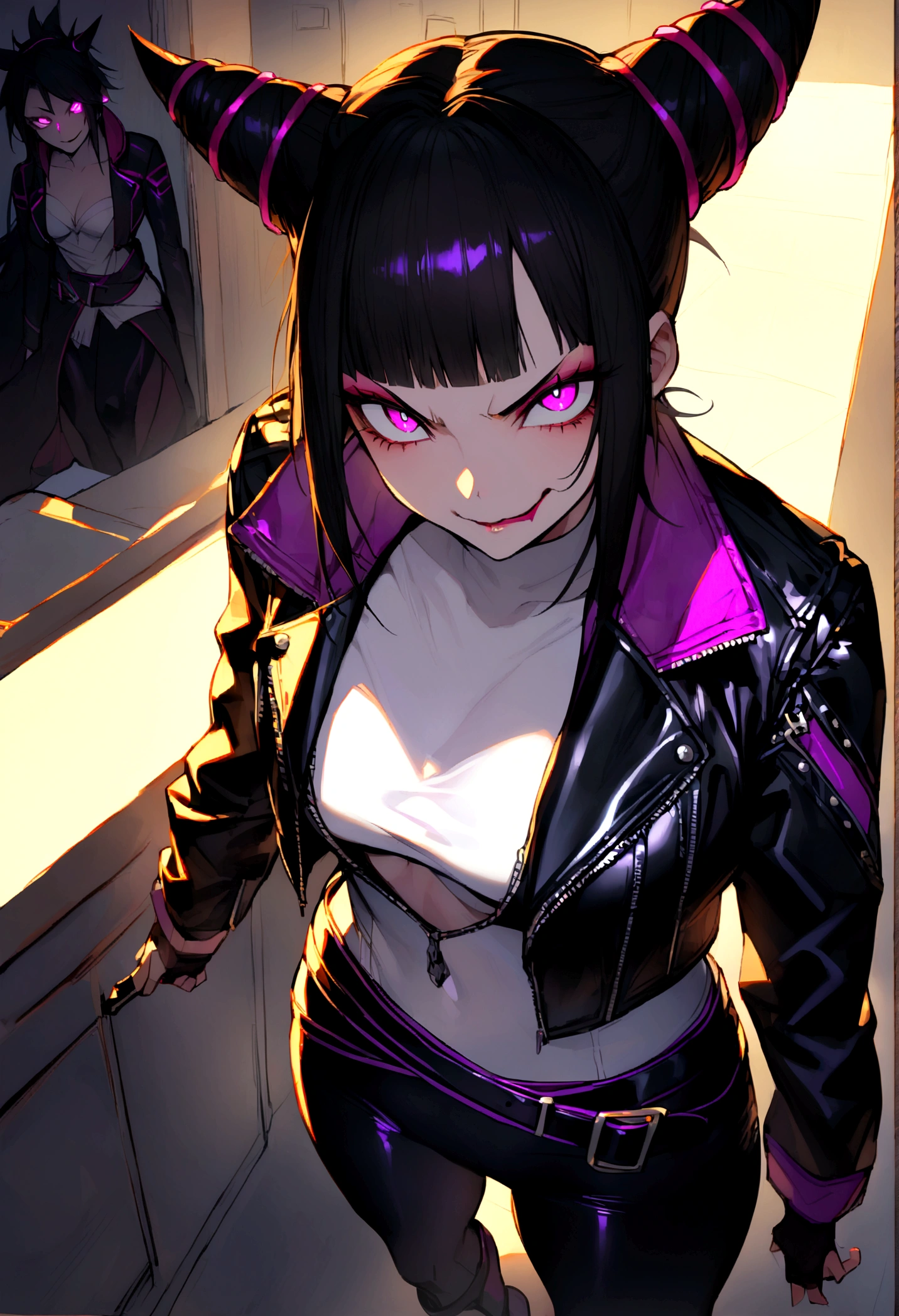 juri han,beautiful young warrior , with a very detailed and beautiful face, beautifuleyes, beautifuleyes, gorgeous face, glowing purple eyes,beautiful young woman wearing long black leggings with black details, usando leather jacket preta, Standing in an office, wearing black boots, horn hair, with black fringe, , evil smile ,white sweater with strap around, serious look,usando leather jacket preto, leather jacket,staring overhead,yellow lighting, evil smile,leggings,standing with your back to the viewer