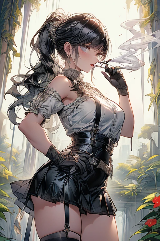 22 years old, (milf:0.8), (solo:1.5), (sfw:1.25), cute breast, beautiful breasts, medium tits,black suspenders,(Bulging ,big breasts:1.1),(Black miniskirt:1.3),garters,Gaze,Small face,bangss,holster,Belt Armament,Beautuful Women, thin waist, big ass:1.0, Raised sexy, (dark green mediumlong hair,side ponytail,hair between eyes,bangs, dark blue eyes, light smile, big , Revimpling fabric, earrings, Hand gloves, detailed face,(smoking:1.3),detailed and beautiful eyes,beautiful detailed lips,Rolling her eyes,manner,(ultra high resolution, 8K RAW photo, photo realistics, thin outline:1.3, clear focus), best qualtiy, natural lighting, textile shading, field depth (Bright pupils, fine detailed beautiful eyes with highlight:1.3, high detailed face), Red lip, fine realistic skins:1.1, looking down viewers:1.3, (dynamic angle:1.3, front view:1.1, breast focus:1.3, from below:1.2), (dynamic posing:1.5, sexy posing:1.2, leaning forward),Youghal, side lock, hair ornaments, hair band,nice,garden background,artistic rendering,Super detailed,(highest quality,4k,8K,High resolution,masterpiece:1.2),Bright colors,studio lighting ,in usa military base,
