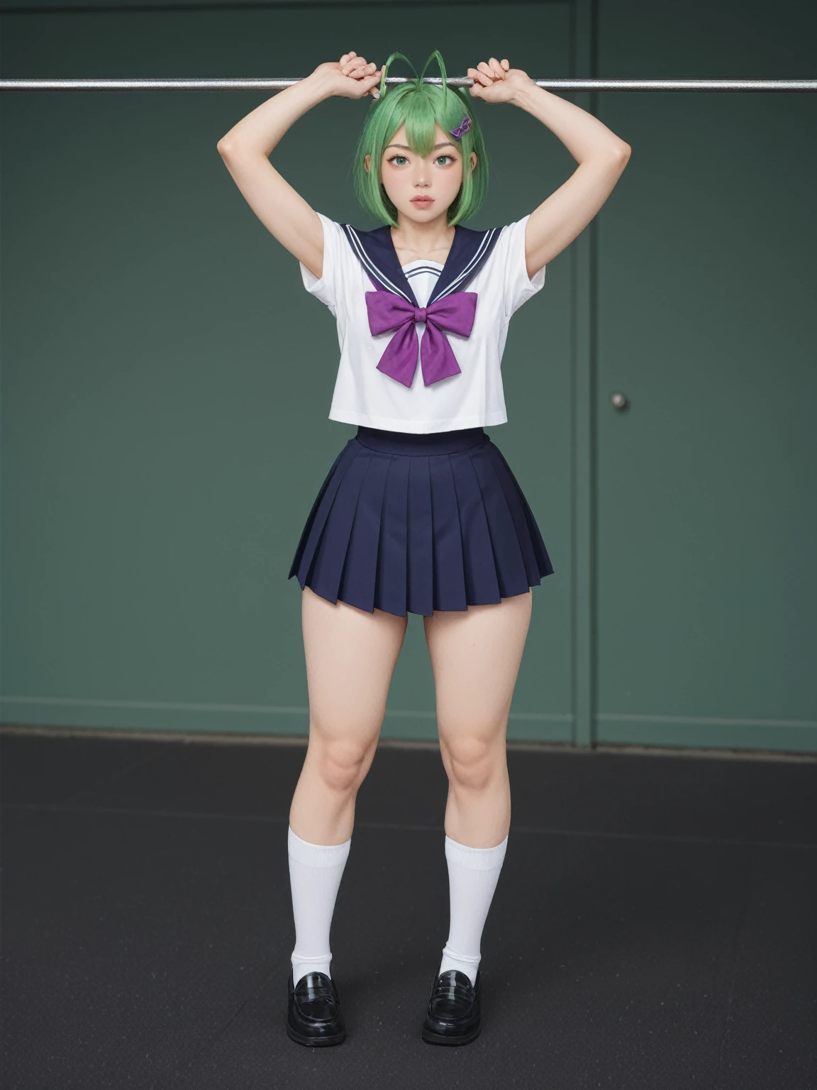 source_cartoon,rating_explicit,score_9,score_8_up,score_7_up,score_6_up,score_5_up,score_4_up,female,source_cartoon,rating_explicit,score_9,score_8 Tights,Purple bow,Green Hair,skin,(Thick Legs)Thick thighs,Hook of Holland,Sweating,exercise,Wide hips,front,Doudou Eyebrows,Antenna Hair Green Short Hair,Green Eyes,Purple bow,Hairpin,Purple and sailor collar,Striped sailor suit,Blue pleated skirt,White socks,leather shoes,Antenna Hair,Doudou Eyebrows,Hair rope