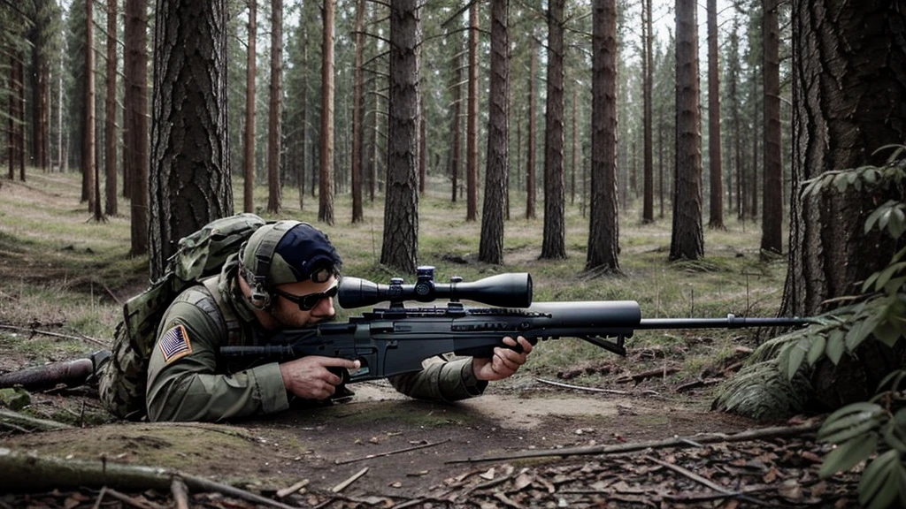 In the woods.One man soldier.Has a sniper rifle.Sniper looking through rifle scope.Prone and firing.scared
