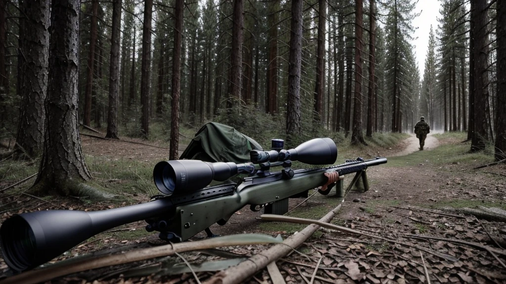 In the woods.One man soldier.Has a sniper rifle.Sniper looking through rifle scope.Prone and firing.scared