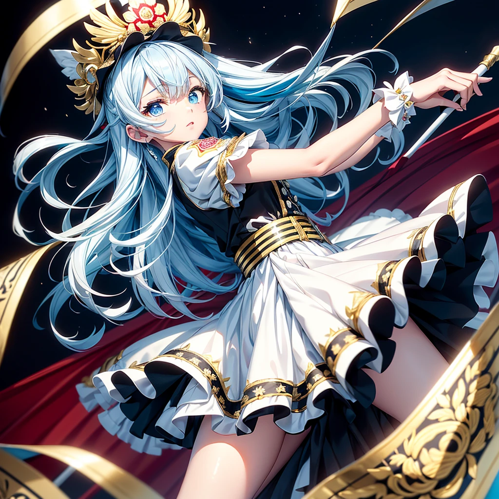 One girl、Absurd、The notes are arranged in a circle、Dynamic configuration、marching band、(((masterpiece、Highest quality、Official Art、Very detailed、Handsome face、Dynamic configuration)))、Anime Style、(Milky white and blue hair:1.3),(blue eyes:1.4),(Bright colors:1.4), marching bandのユニフォーム, marching bandの帽子、mini skirt, Frills, Two hands holding a black and white gold embroidered flag,（background:Large red flag and gold flower embroidery on the back, Note, )、Giant Flag、旗をbackgroundにかっこいい構図、marching band、marching bandユニフォーム、