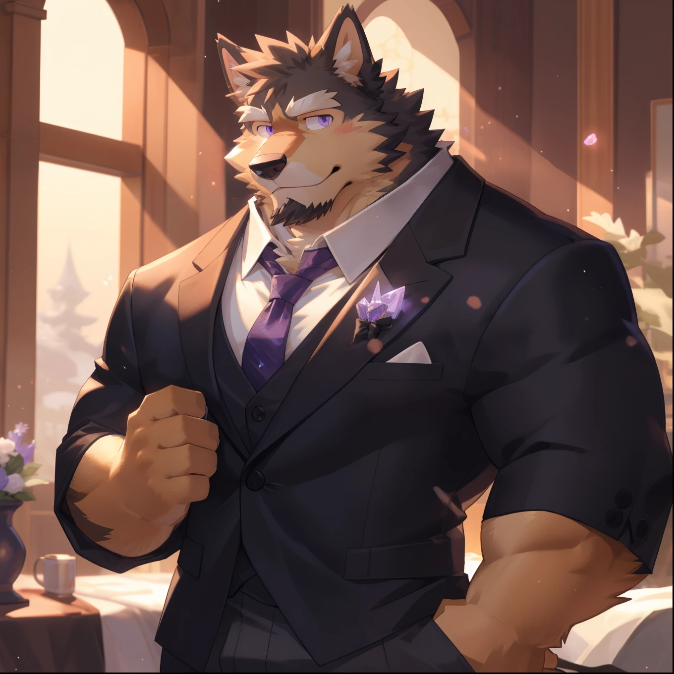 Scribble German Shepherd face,Cute face,Humanity(dog),(Formal wear:1.3),muscular,(White eyebrows:1.1),(Perfect purple eyes),(artist:Takemoto Arashi),(Bulging ),Bedroom scene,crystal necklace