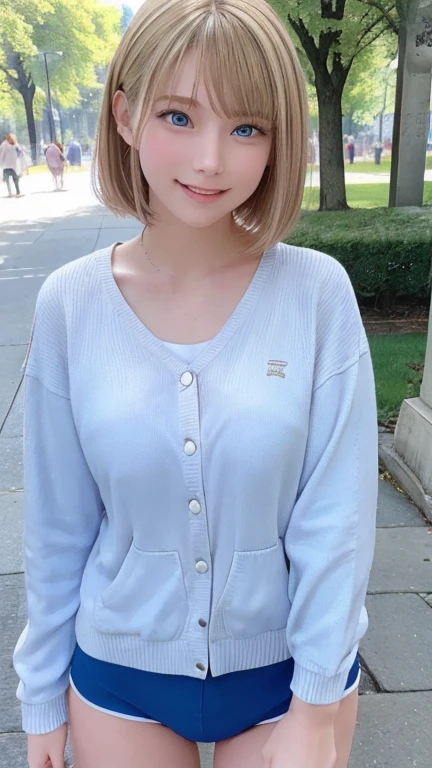 masterpiece, Highest quality, One girl, beautiful, Are you okay, delicate, Very complex, detailed, Blonde, Jacket, blue eyes, ((masterpiece)), very detailed, Highest quality, High resolution, ((at the park)), Bridget, smile,Live Action, Genuine, smile, smile