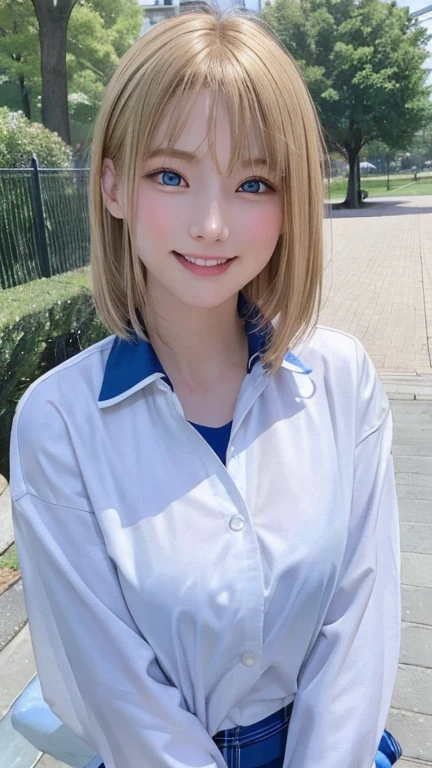 masterpiece, Highest quality, One girl, beautiful, Are you okay, delicate, Very complex, detailed, Blonde, Jacket, blue eyes, ((masterpiece)), very detailed, Highest quality, High resolution, ((at the park)), Bridget, smile,Live Action, Genuine, smile, smile