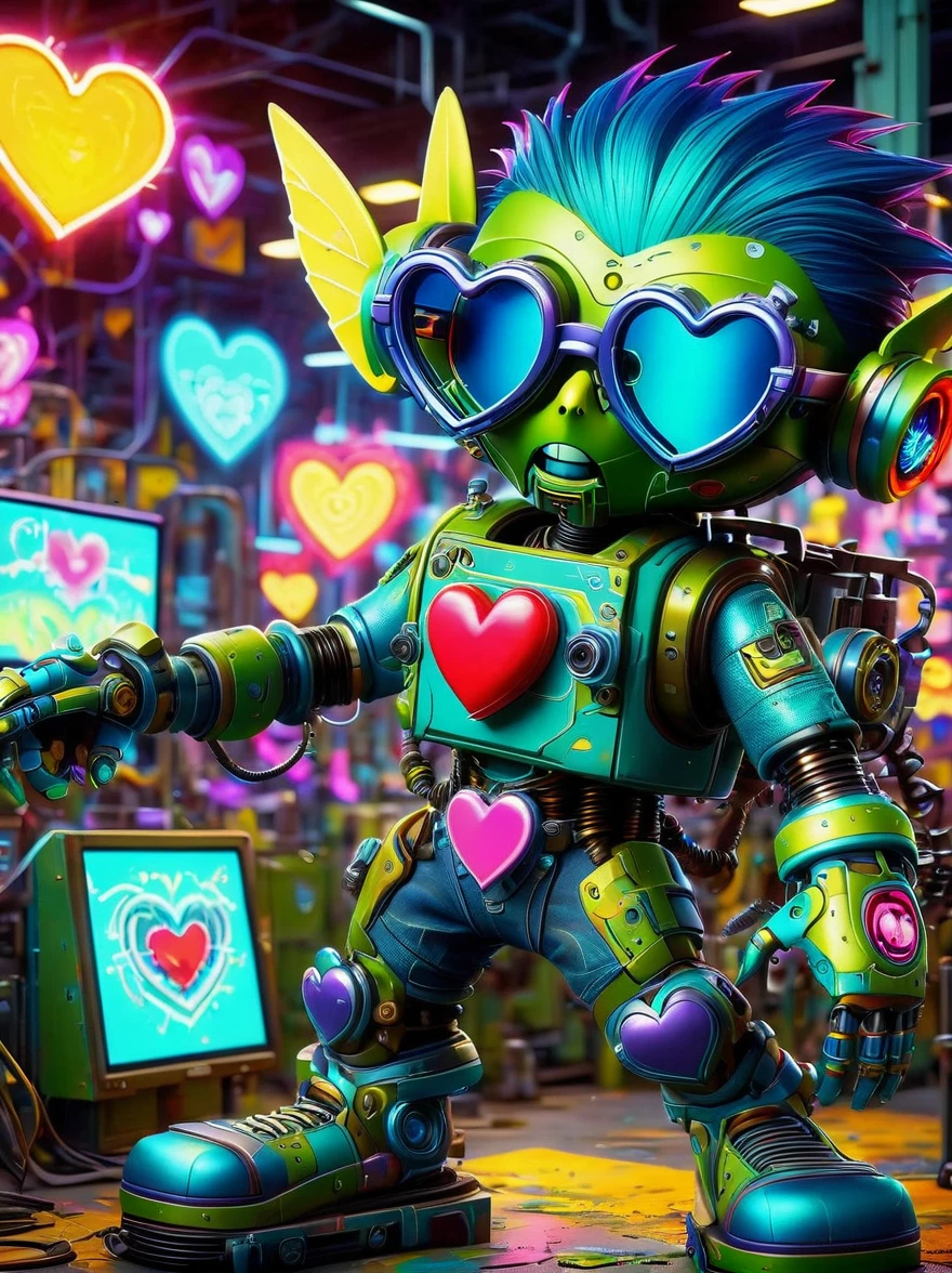 best quality, masterpiece, 3d, Pixar Artwork, Electronic variants, (Cartoon mechanical zombie wearing heart shaped glasses in a factory:1.5),((Glasses focus)),in a dynamic dancing pose within a colorful virtual reality world teeming with neon lights and vibrant holograms, The scene bears the influences of both pop art and graffiti, a truly cyberpunk-inspired ensemble with explosive energy, created using digital painting methods and radiant, glowing effects