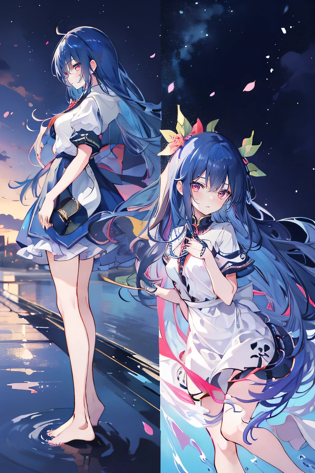(masterpiece:1.uper detailed,lifelike,Expressive eyes,fair skin,perfect face shape,1 girl,
Japanese comics,Gorgeous blue hair,flowing blue hair,flowing clothes,Petals fall,beautiful lola,Baby Angel,
Shaking head with one hand,Cross your legs,Gentle and peaceful background,The pavilion is cool and comfortable,smile, wearing hoodie, background of tokyo,back views,snowing, winter,lie on the water. dark blue gradient hair,asymmetrical hair,((Hair is very thick 1.8,Chiseled hair 1.6)), Hair over the shoulders, Messy hair, Very long hair, shiny hair,(long dark blue hair:1.2),A beautiful girl,(Transparent clothes transparent 1.8),Perfect body,Big thin legs,slender,(Looks very sad,Looks haggard ,sadness,shut your mouth:1.2) Against the backdrop of an unusually bright dark starry sky,(Put your hands behind your back),(round,Room, Strong brearefoot,float,water surface,(long legs,long legs,long legs,Complete)