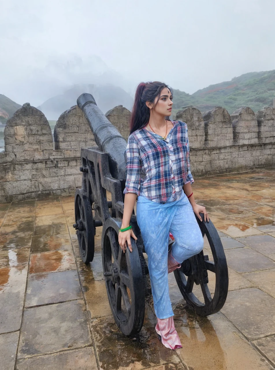 A girl body shape ( brode pelvic )and (medium size breasts)with red color long messy hair ,(wering_ ocean green and red and golden _jularis _saree), standing ancient destroy temple, red light at morning time,realistic, realism HDR 8K high quality high production value wide-angle shot
