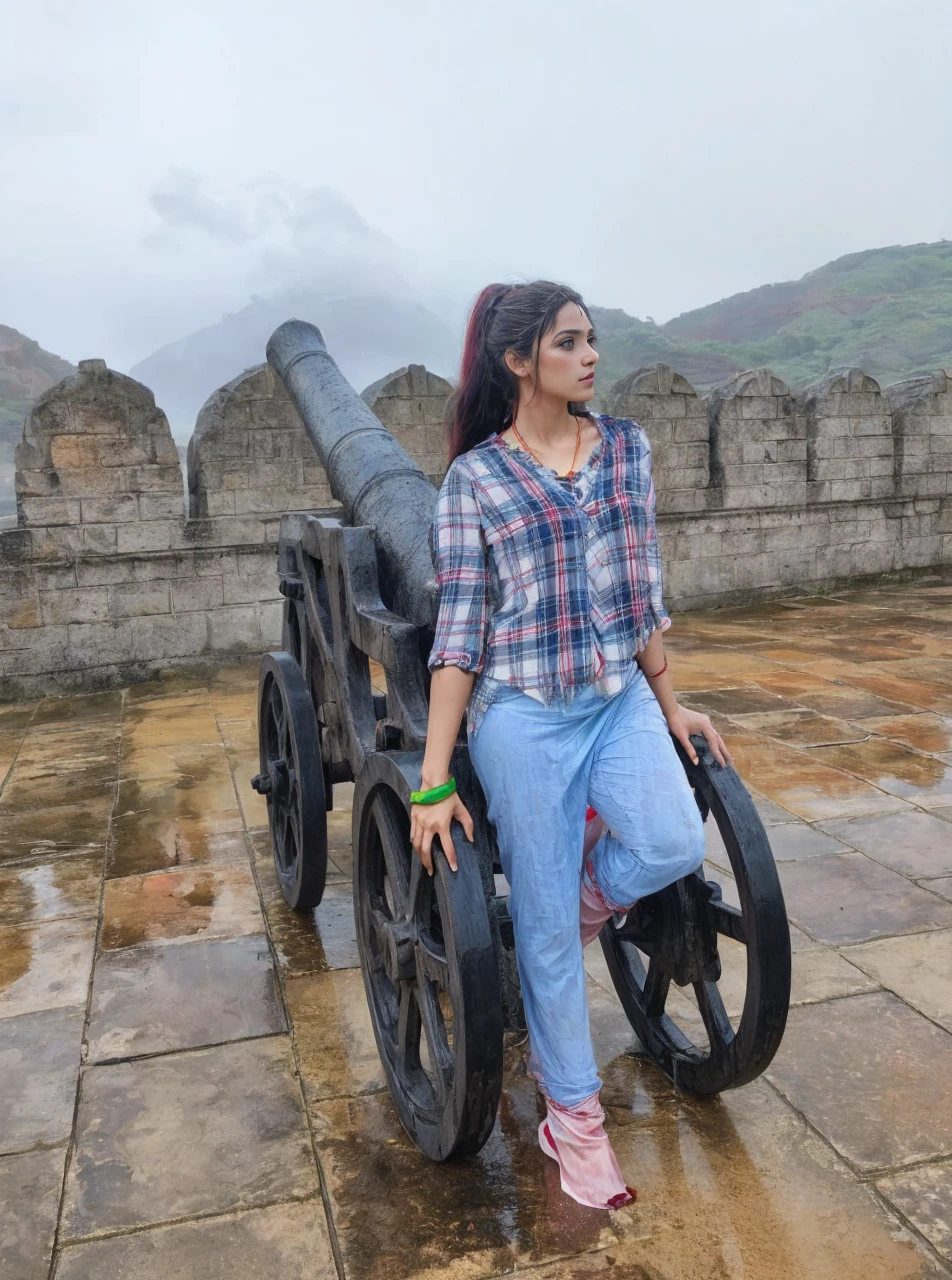 A girl body shape ( brode pelvic )and (medium size breasts)with red color long messy hair ,(wering_ ocean green and red and golden _jularis _saree), standing ancient destroy temple, red light at morning time,realistic, realism HDR 8K high quality high production value wide-angle shot