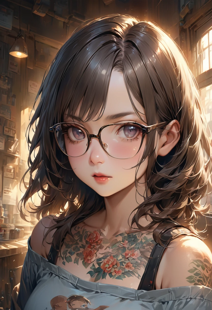 Wearing glasses、Gal、Off the shoulder、Tattoo、depth、Portrait、Realistic portrayal、cute、