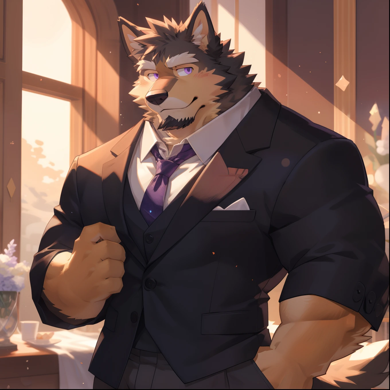 Scribble German Shepherd face,Cute face,Humanity(dog),(Formal wear:1.3),muscular,(White eyebrows:1.1),(Perfect purple eyes),（artist:Takemoto Arashi）,(Bulging buttocks),Bedroom scene，crystal necklace