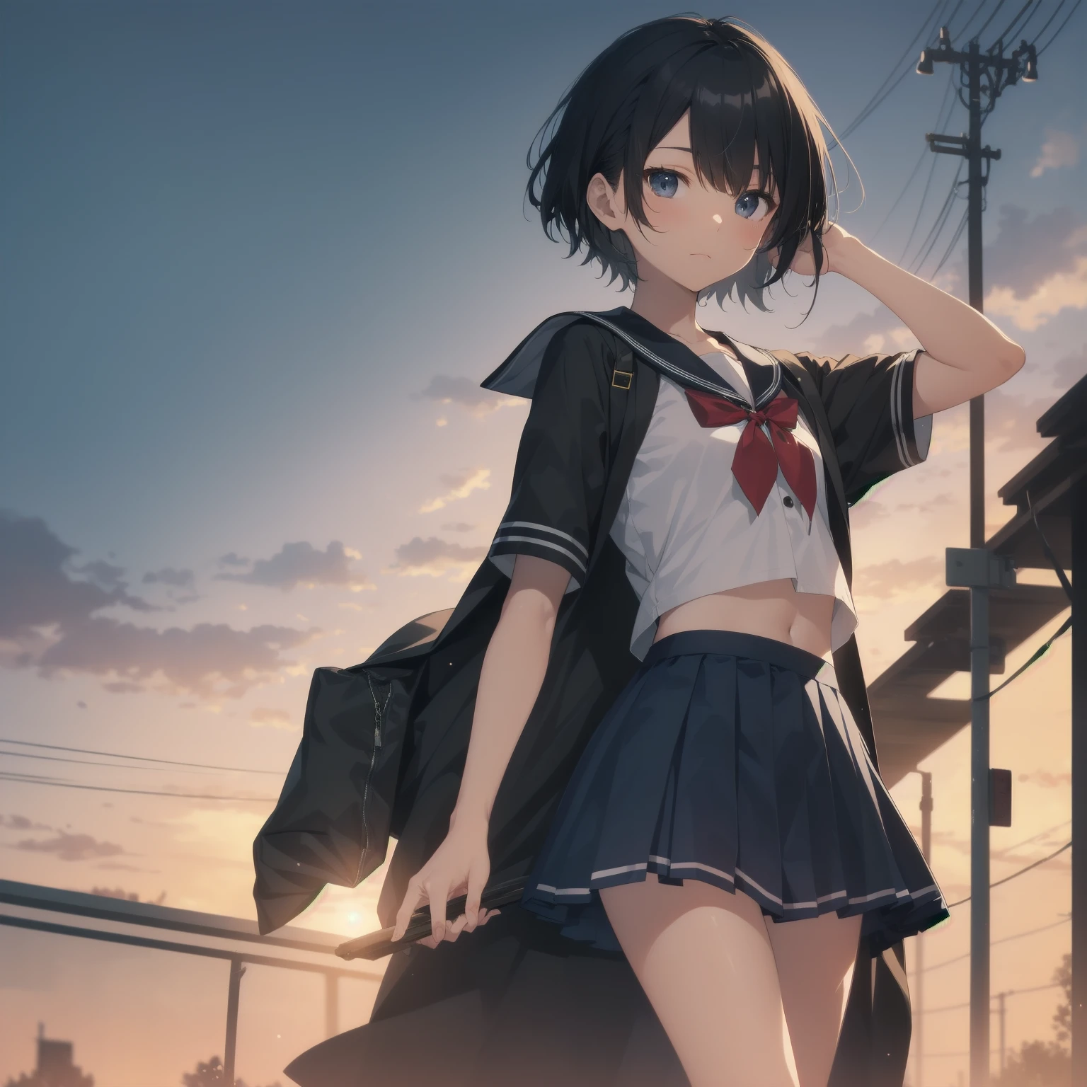 ultra-absurdres-Top quality by artist God, ultra-detailed, high resolution, anime moe artstyle, best anime 8k konachan wallpaper, pixiv contest winner, pool:2810, perfect anatomy,break, 1girl, (Please draw a girl walking sleepily to school alone. )break,(Solo,little female, 13-year-old:1.3),Full limbs, complete fingers,a junior high school student, (very short hair), short cut, flat chest, , small butt, small black eyes, beautiful detailed eyes, well-proportioned iris and pupils, expressive eyes, highres detailed hair, soft expression, salor school_uniform, sailor collar, serahuku, bow, pleated skirt,(Detailed Lighting), (Detailed background), in the School commute route. break,super detailed skin, Best cinematic lighting powered by famous artist, 8k,beauty illustration,photoshop_(medium),very aesthetic,break,((artist:toosaka_asagi )), artist:clamp ,artist:carnelian ,artist:kantoku ,