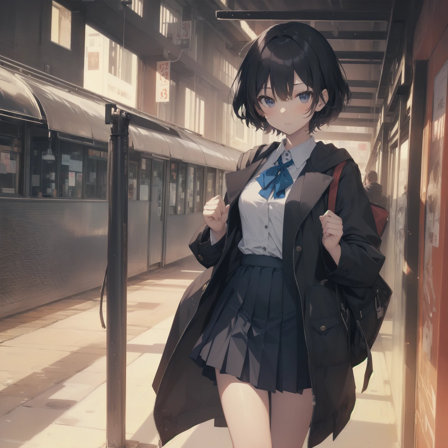 ultra-absurdres-Top quality by artist God, ultra-detailed, high resolution, anime moe artstyle, best anime 8k konachan wallpaper, pixiv contest winner, pool:2810, perfect anatomy,break, 1girl, (Please draw a girl walking sleepily to school alone. )break,(Solo,little female, 13-year-old:1.3),Full limbs, complete fingers,a junior high school student, (very short hair), short cut, flat chest, , small butt, small black eyes, beautiful detailed eyes, well-proportioned iris and pupils, expressive eyes, highres detailed hair, soft expression, salor school_uniform, sailor collar, serahuku, bow, pleated skirt,(Detailed Lighting), (Detailed background), in the School commute route. break,super detailed skin, Best cinematic lighting powered by famous artist, 8k,beauty illustration,photoshop_(medium),very aesthetic,break,((artist:toosaka_asagi )), artist:clamp ,artist:carnelian ,artist:kantoku ,
