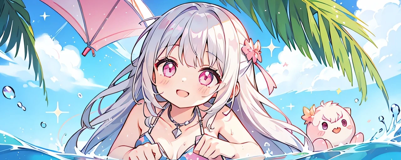summer、1 girl、Silver fur、((Pink sparkly eyes))、A sloppy smile、Open your mouth、Swimwear、Lie down