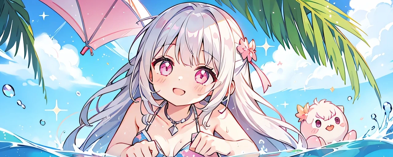 summer、1 girl、Silver fur、((Pink sparkly eyes))、A sloppy smile、Open your mouth、Swimwear、Lie down