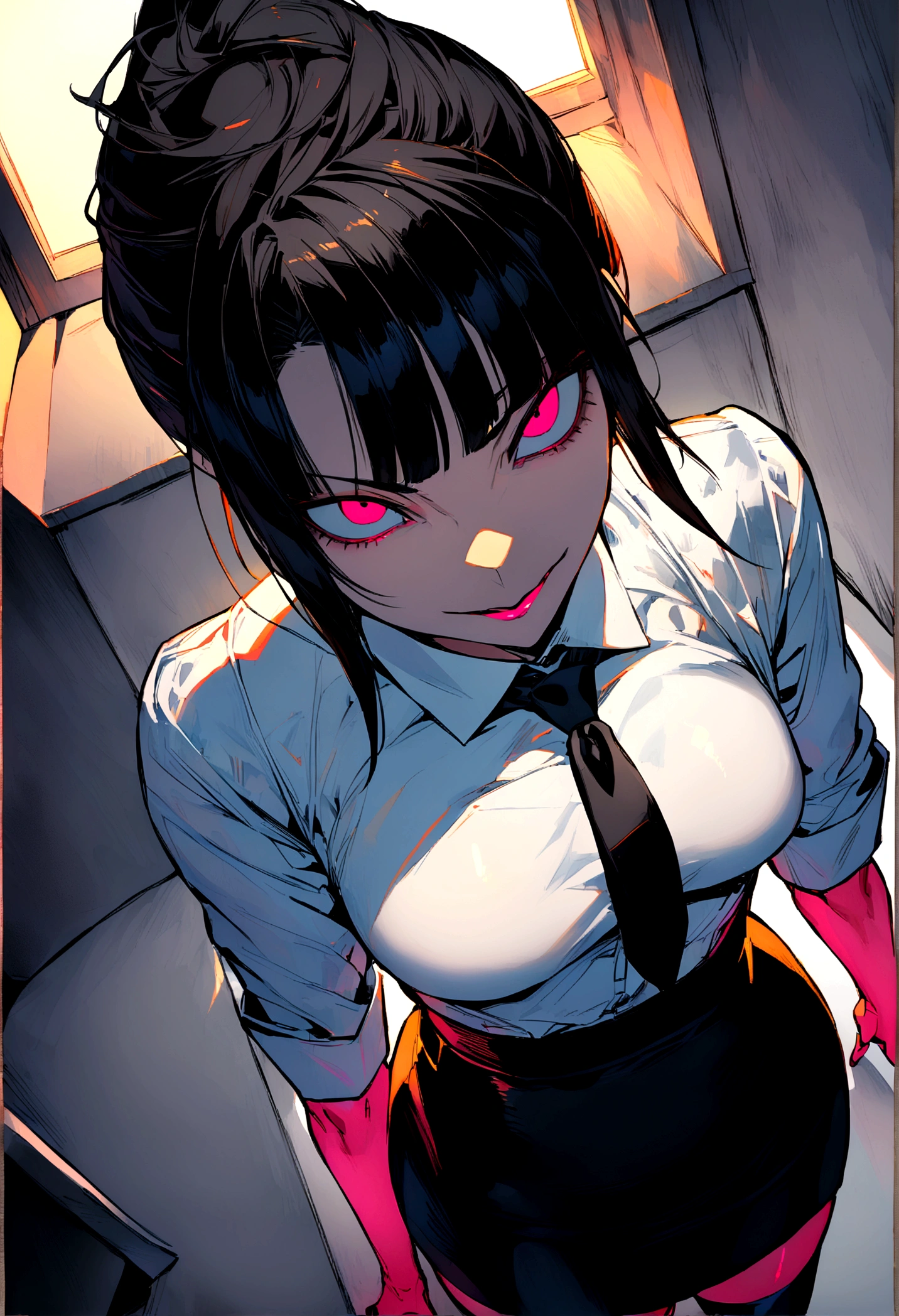 juri han, work of art, ??????????? secretary shirt with black tie, black high waist skirt, short skirt,stocking, black hair, black tightscary sun,office,bangs on the eyes,lighting,horn of hair,view from above,staring overhead,evil smile,standing with your back to the viewer