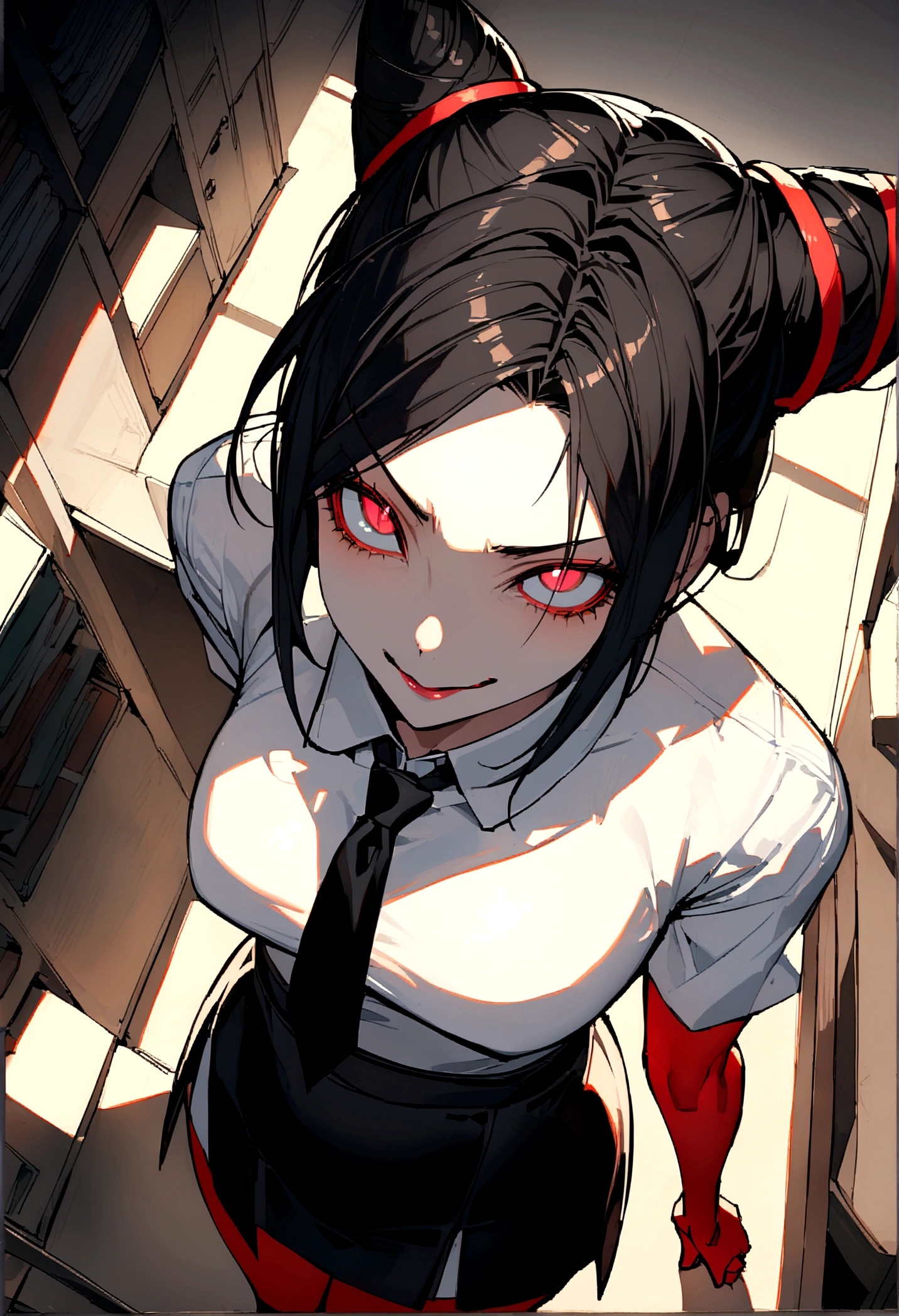 juri han, work of art, tight white secretary shirt with black tie, black high waist skirt, short skirt,stocking, black hair, black tightscary sun,office,bangs on the eyes,lighting,horn of hair,view from above,staring overhead,evil smile,standing with your back to the viewer