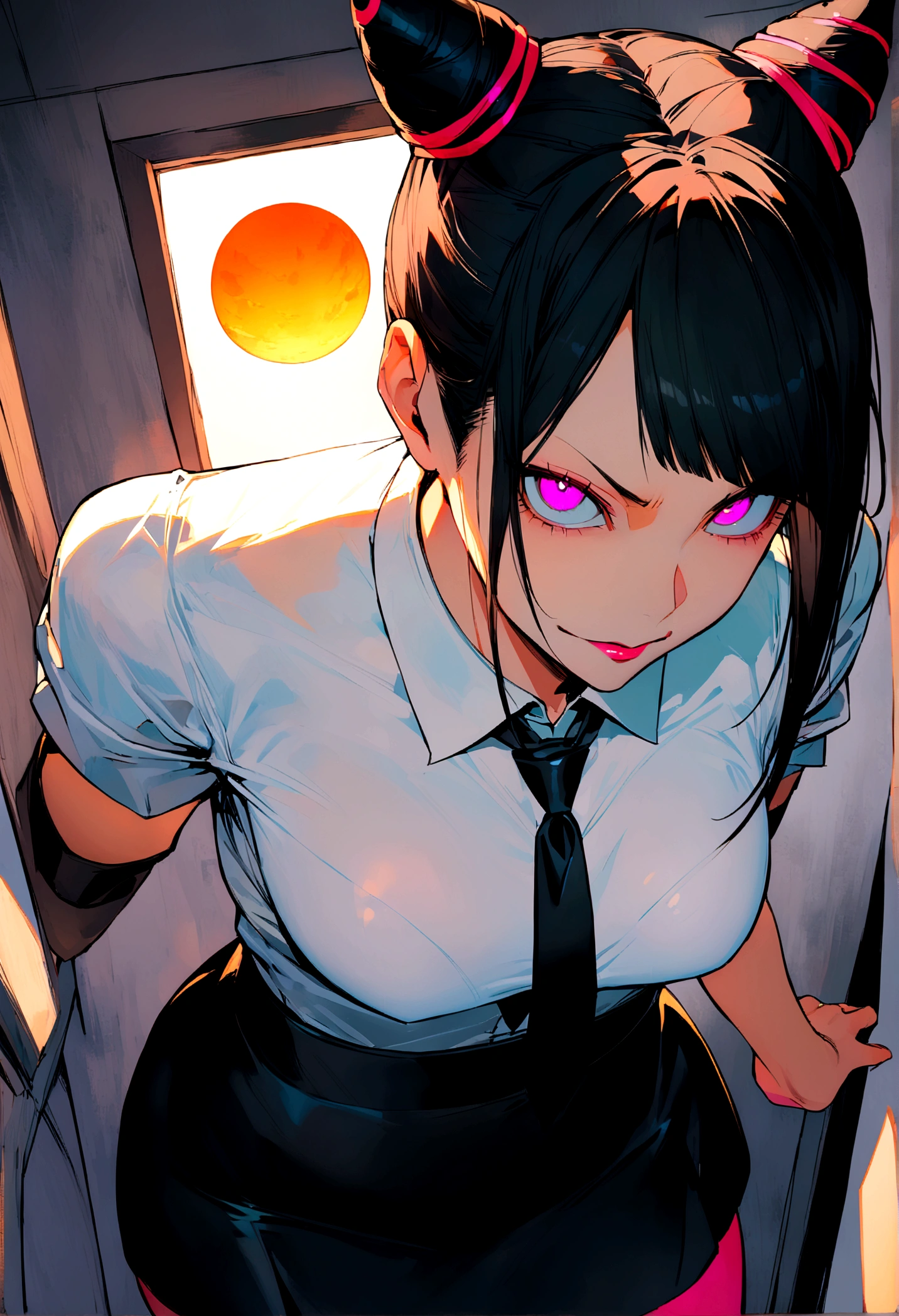 juri han, work of art, tight white secretary shirt with black tie, black high waist skirt, short skirt,stocking, black hair, black tightscary sun,office,bangs on the eyes,lighting,horn of hair,view from above,staring overhead,evil smile,standing with your back to the viewer
