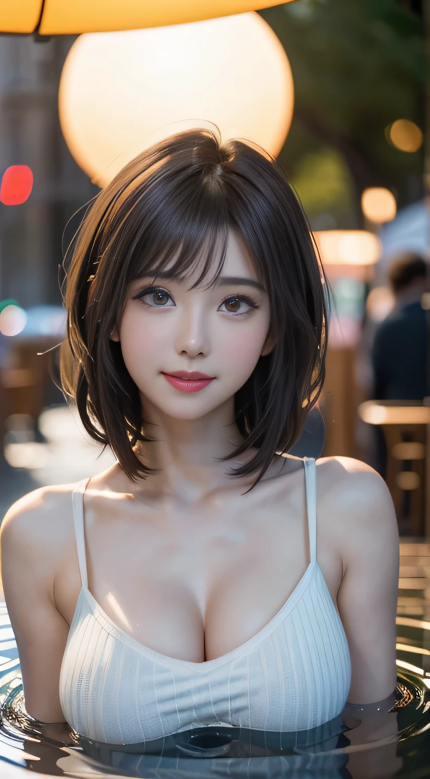 (logo, masterpiece, 8K, Tabletop, RAW Photos, wonderful, 最high quality, Photorealistic and very detailed CG synthesis 8K wallpaper, high quality, Very detailed, Narrative poem, Particle Effects, Dynamic Effects, Depth of the Boundary, Cinematic Light, Lens flare, Ray Tracing), short hair beautiful young woman, Tie your hair back, Skin with attention to detail, Very fine, Fine skin, Beautiful Face, Realistic eyes, Beautiful and detailed eyes, Realistic Skin, Beautiful Skin, surreal, Smiling Eyes, Hair and light eyes, Vibrant, Colorful lights and bokeh. The lighting casts a warm glow on her face and hair., Blue glow, Water surface reflection, Creates a dreamy and magical atmosphere, Big Breasts, Brown Hair, short hair, plump lower lip, Pink blush on cheeks , Pink Lips, Brown tight no-shoulder knit sweater