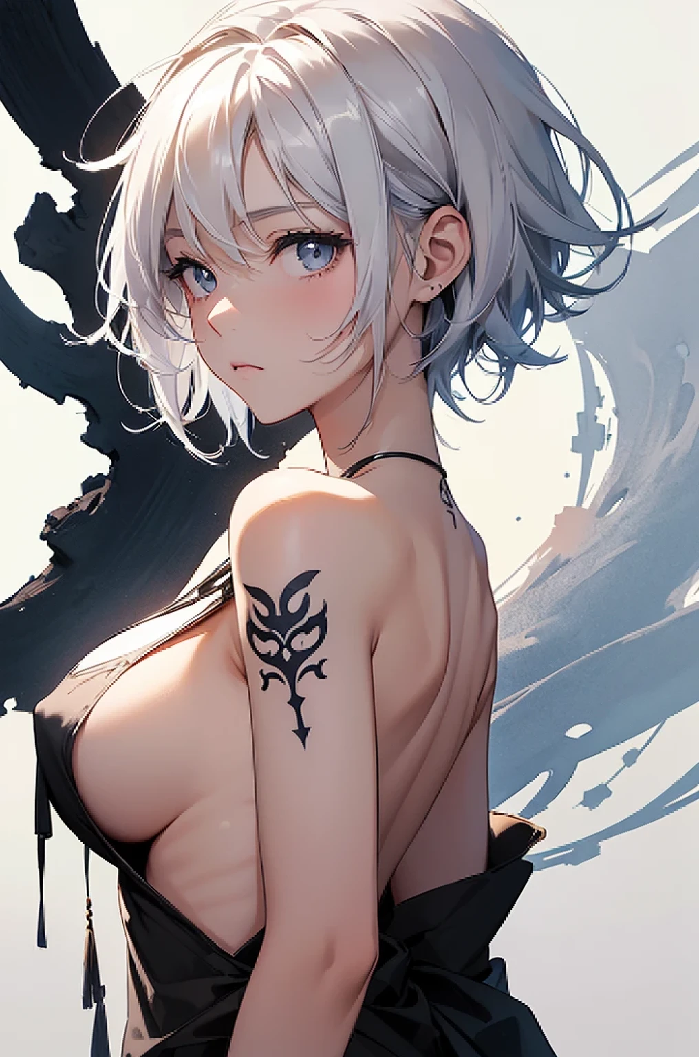 (Image from chest up:1.4)((masterpiece:1.5,Highest quality,Beautiful images、Sketch、2.5D、Ink Painting、Abstract、Artistic、Portraiture))(1girl, solo)(medium breasts, white hair、short hair、sideboob、Exposing shoulders、Tattoo on shoulder)(Profile Portrait,Gaze sideways、Gaze diagonally、Shake your head、A sad expression, floating hair)(Monotone Abstract Background)((from backside:1.3)),Landscape
