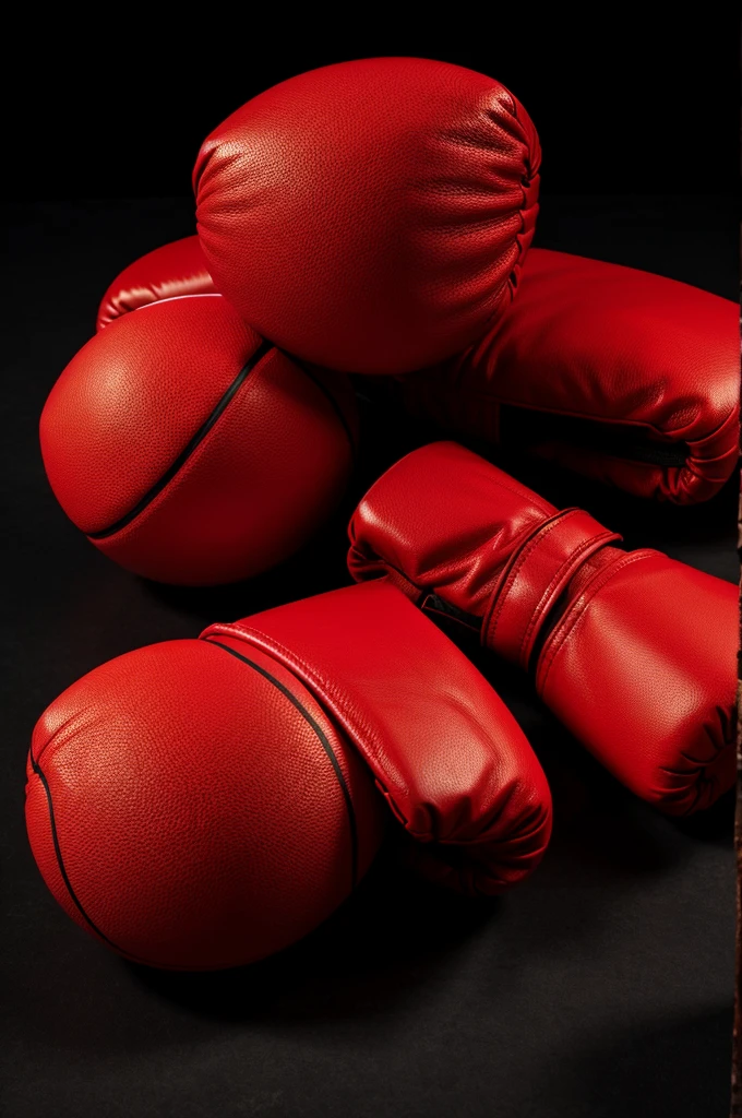 A pair of red boxing gloves (on a black background), with a basketball next to it.