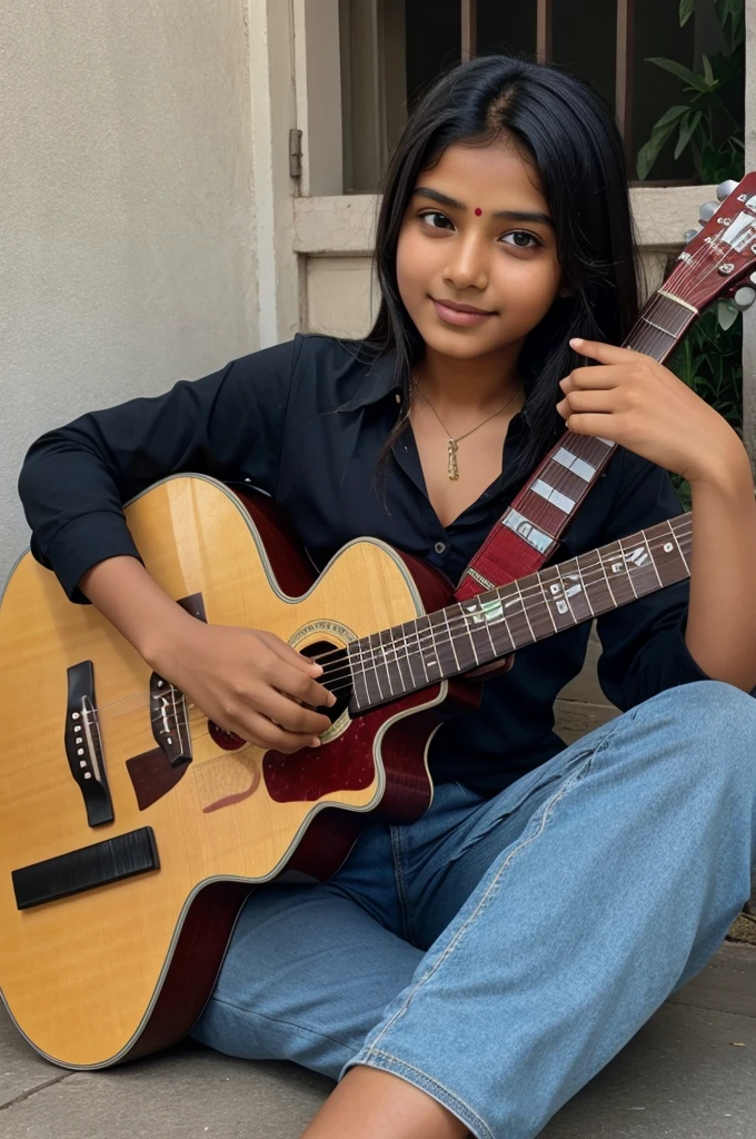 18-20 years Indian girl playing guitar