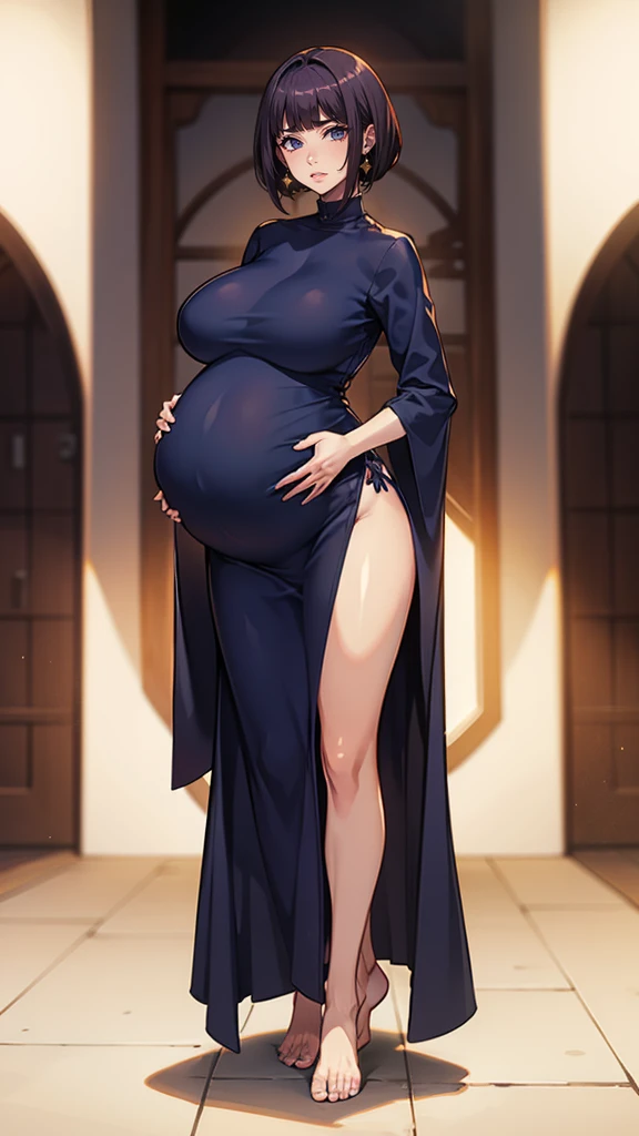 Mulher pregnant com vestido roxo gigante, From the front, high qualiy, awardwinning, high resolution, 8K standing alonemastery, standing alone, 1womanl, from the front, mellow, milf, purple cropped hair, blue colored eyes, happy eyes, long robe decotado , tall woman, 29-years-old, milf,  mysterio, cuvilinear body, Big locks and pussy, small  breasts, huge ass , huge ass niples, hein, pregnant, pregnant woman, cabelo roxo, long robe, hinterland, dress covers the legs, mistery, safada