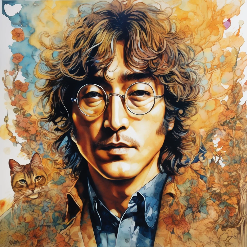artwork:Katsuya Terada
8k, High resolution, A complex and intricate masterpiece, (John Lennon:1.2), (John Lennonの肖像画:1.1)、Beautiful Face、transparent, Glowing black eyes, the beatles, Medium Shot, Brown Hair, Organic Shapes, Hard Edge, Anatomically correct body,  Ultra-realistic, John Lennonエレガント,Cinema Lighting, Very detailed, Vibrant colors, Octane Rendered Cat, Surreal atmosphere, Award-winning works, Bright and rich colors, iridescent accents, Dramatic Shadows,Dynamic and atmospheric lighting, Anamorphic Lens, Sharp focus, 
An intricate and detailed masterpiece by Katsuya Terada, Katsuya Terada Style, Pop Surrealism, watercolor 、