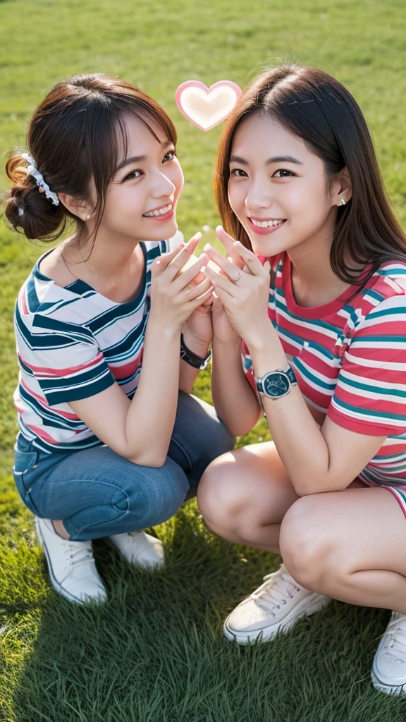 “Create an overhead photo of two people forming a heart shape with their hands. One person is standing, and the other person is crouching, looking up and smiling, wearing a striped shirt and a watch. Add two drawn sparkles above the crouching person. The background is a green grassy field.”
