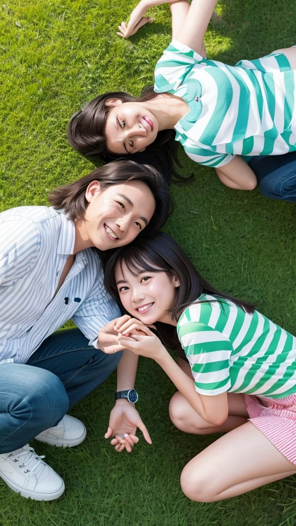“Create an overhead photo of two people forming a heart shape with their hands. One person is standing, and the other person is crouching, looking up and smiling, wearing a striped shirt and a watch. Add two drawn sparkles above the crouching person. The background is a green grassy field.”