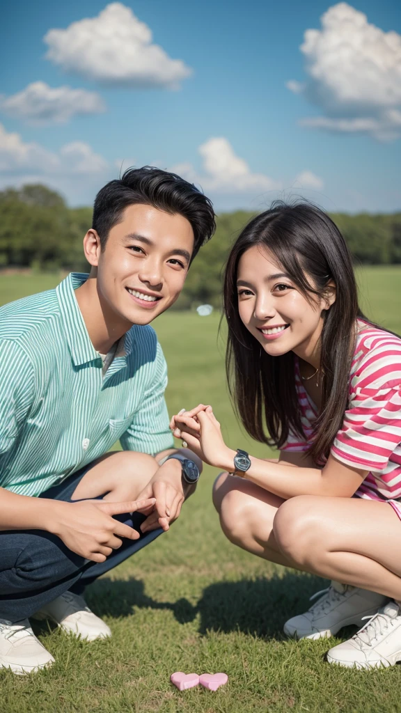 “Create an overhead photo of two people forming a heart shape with their hands. One person is standing, and the other person is crouching, looking up and smiling, wearing a striped shirt and a watch. Add two drawn sparkles above the crouching person. The background is a green grassy field.”