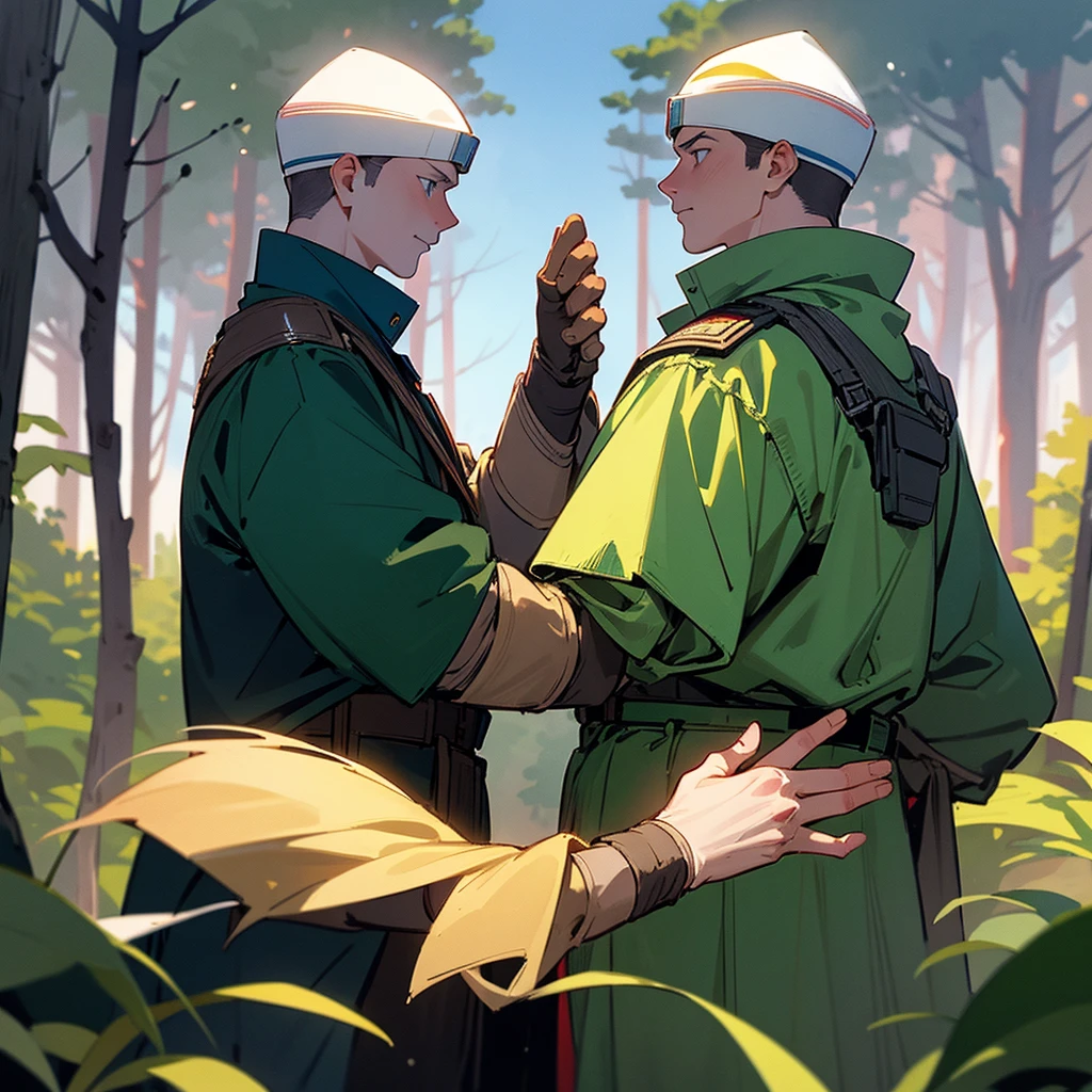 Two white males, wearing 1994 american military uniforms, shaking hands, wearing balaclavas, in a forest, beautiful background