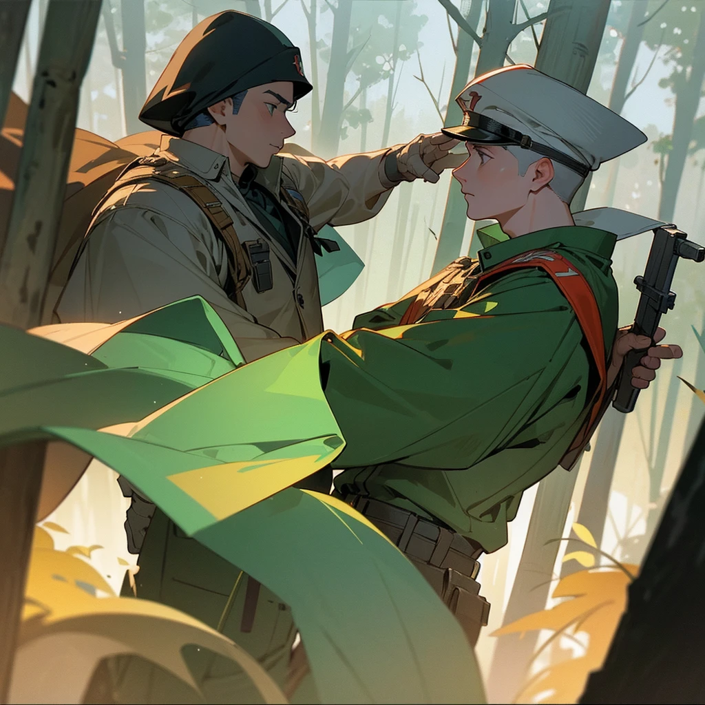 Two white males, wearing 1994 american military uniforms, shaking hands, wearing balaclavas, in a forest, beautiful background