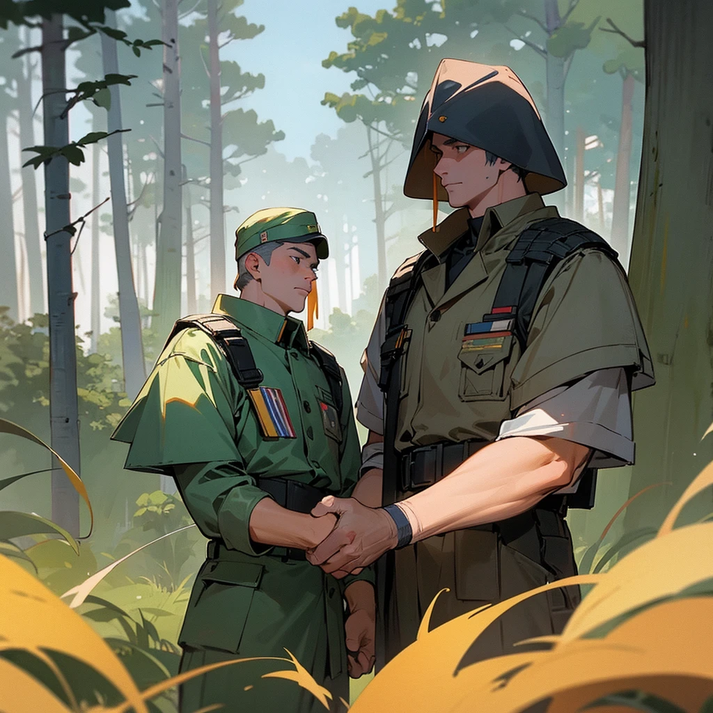 Two white males, wearing 1994 american military uniforms, shaking hands, wearing balaclavas, in a forest, beautiful background