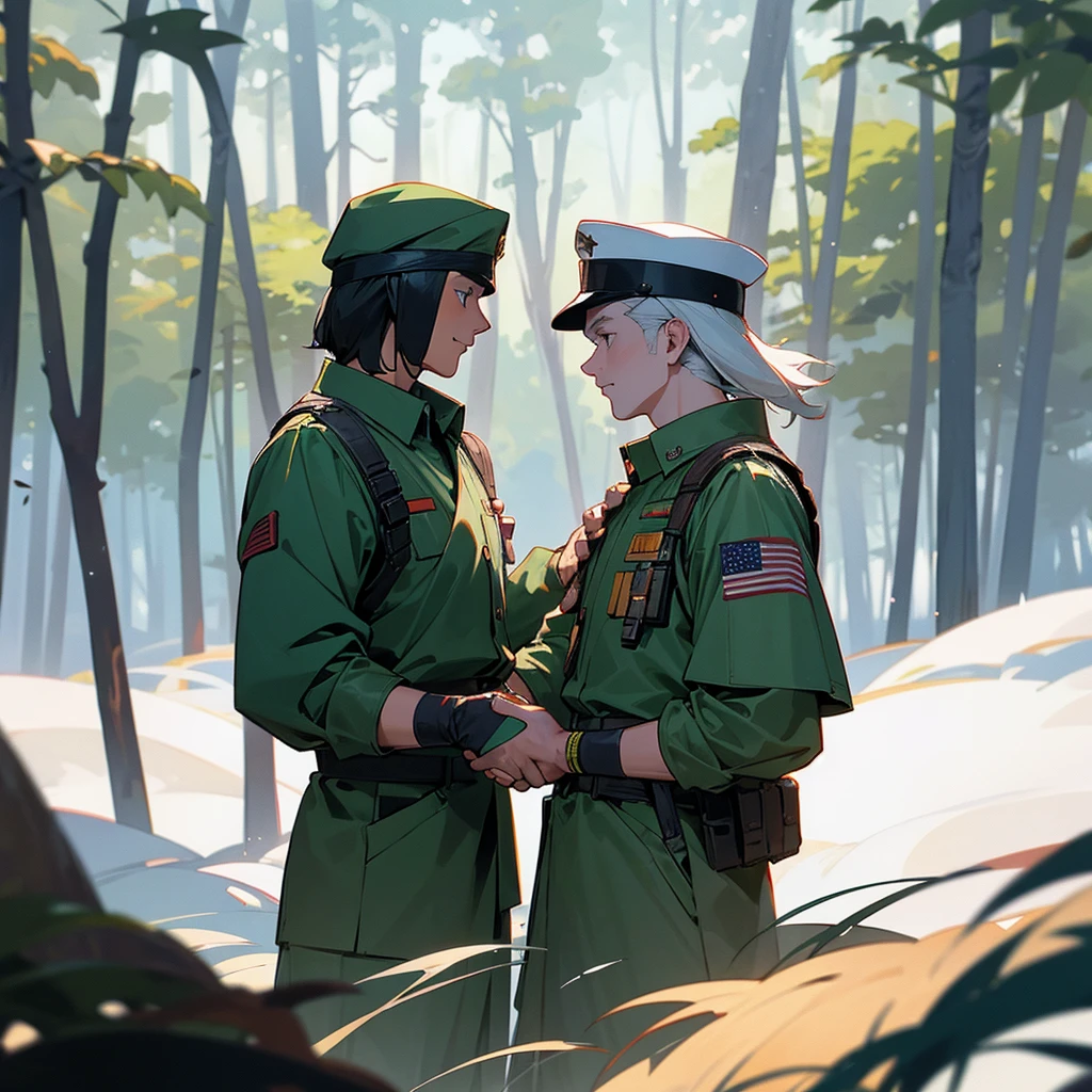Two white males, wearing 1994 american military uniforms, shaking hands, wearing balaclavas, in a forest, beautiful background 