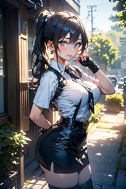 22 years old, (milf:0.8), (solo:1.5), (sfw:1.25), cute breast, beautiful breasts, medium tits,black suspenders,(Bulging ,big breasts:1.1),(Black miniskirt:1.3),garters,Gaze,Small face,bangss,holster,Belt Armament,Beautuful Women, thin waist, big ass:1.0, Raised sexy, (dark green mediumlong hair,side ponytail,hair between eyes,bangs, dark blue eyes, light smile, big , Revimpling fabric, earrings, Hand gloves, detailed face,(smoking:1.3),detailed and beautiful eyes,beautiful detailed lips,Rolling her eyes,manner,(ultra high resolution, 8K RAW photo, photo realistics, thin outline:1.3, clear focus), best qualtiy, natural lighting, textile shading, field depth (Bright pupils, fine detailed beautiful eyes with highlight:1.3, high detailed face), Red lip, fine realistic skins:1.1, looking down viewers:1.3, (dynamic angle:1.3, front view:1.1, breast focus:1.3, from below:1.2), (dynamic posing:1.5, sexy posing:1.2, leaning forward),Youghal, side lock, hair ornaments, hair band,nice,garden background,artistic rendering,Super detailed,(highest quality,4k,8K,High resolution,masterpiece:1.2),Bright colors,studio lighting ,in usa military base,